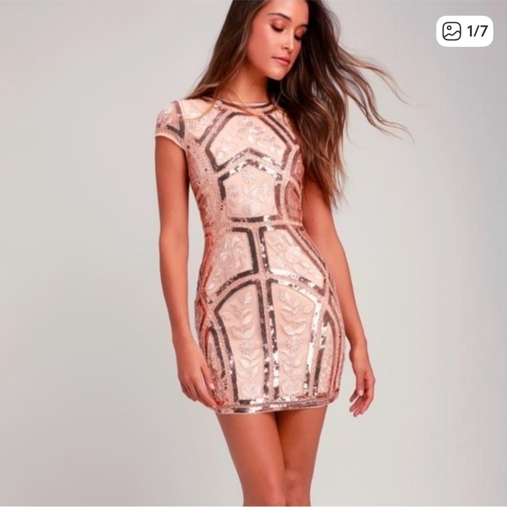 Lulu’s Spread your Shine Sequin Embellished Rose Gold Bodycon Pink Cocktail